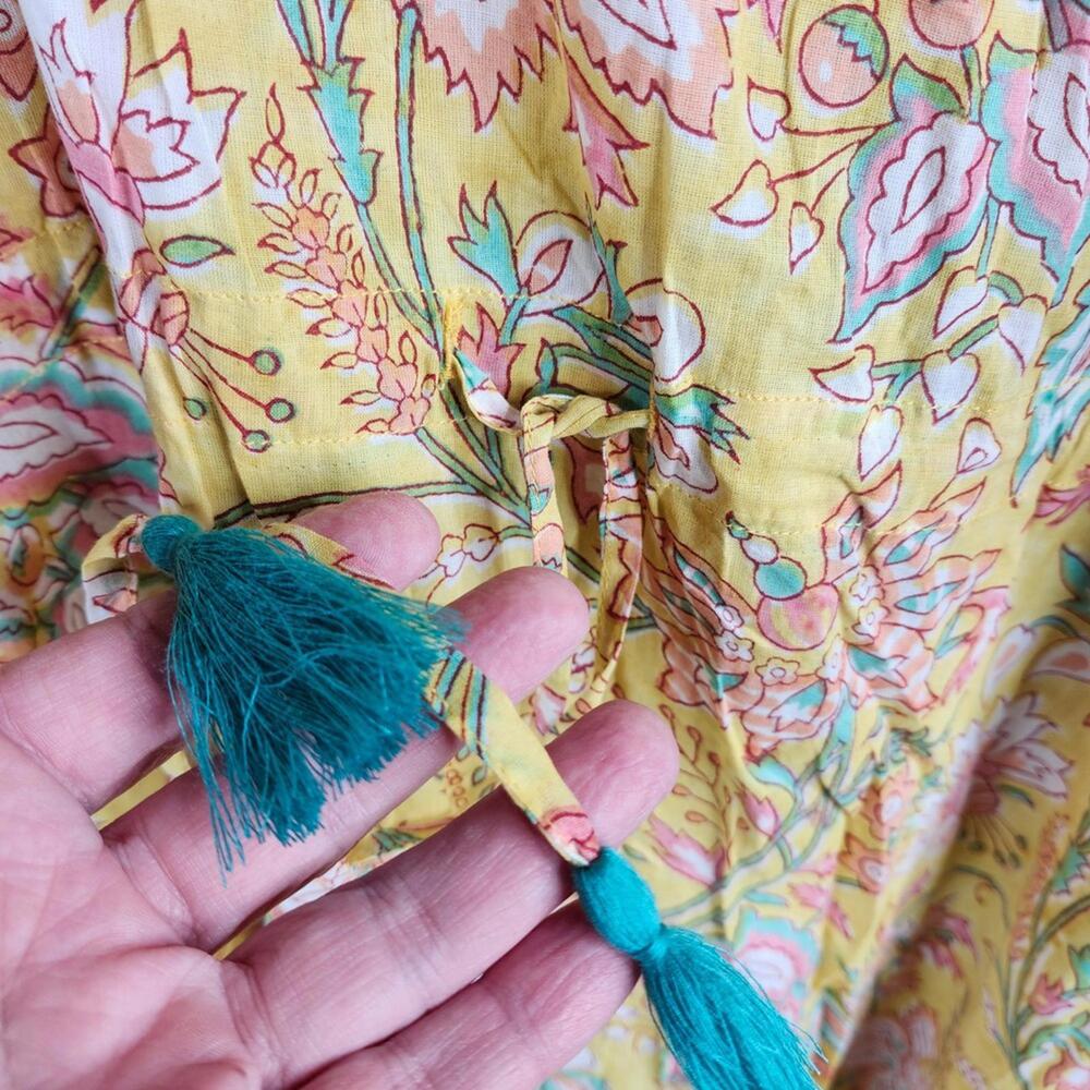 World Market Yellow Floral Maxi Dress Caftan with Tassel Detail One Size - Picture 3 of 6